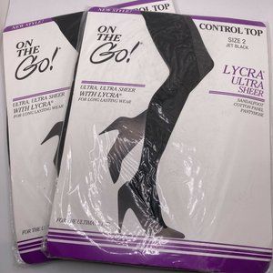 2 Packs ON THE GO JET BLACK LYCRA ULTRA SHEER PANTYHOSE CONTROL TOP Size 2